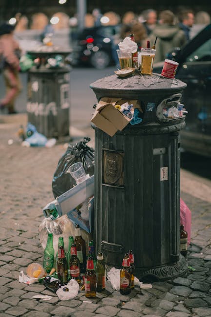 A narrow urban alleyway cluttered with excessive piles of mixed waste, including cardboard boxes, black plastic bags, and discarded packaging, stacked haphazardly against a background of bare trees an